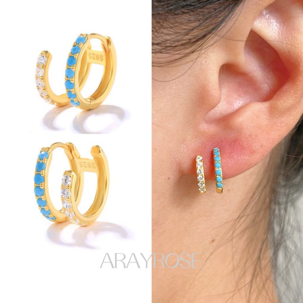 New Turquoise Double Hoop Earrings One Piercing, Fake Second Piercing Huggies - Picture 1 of 3